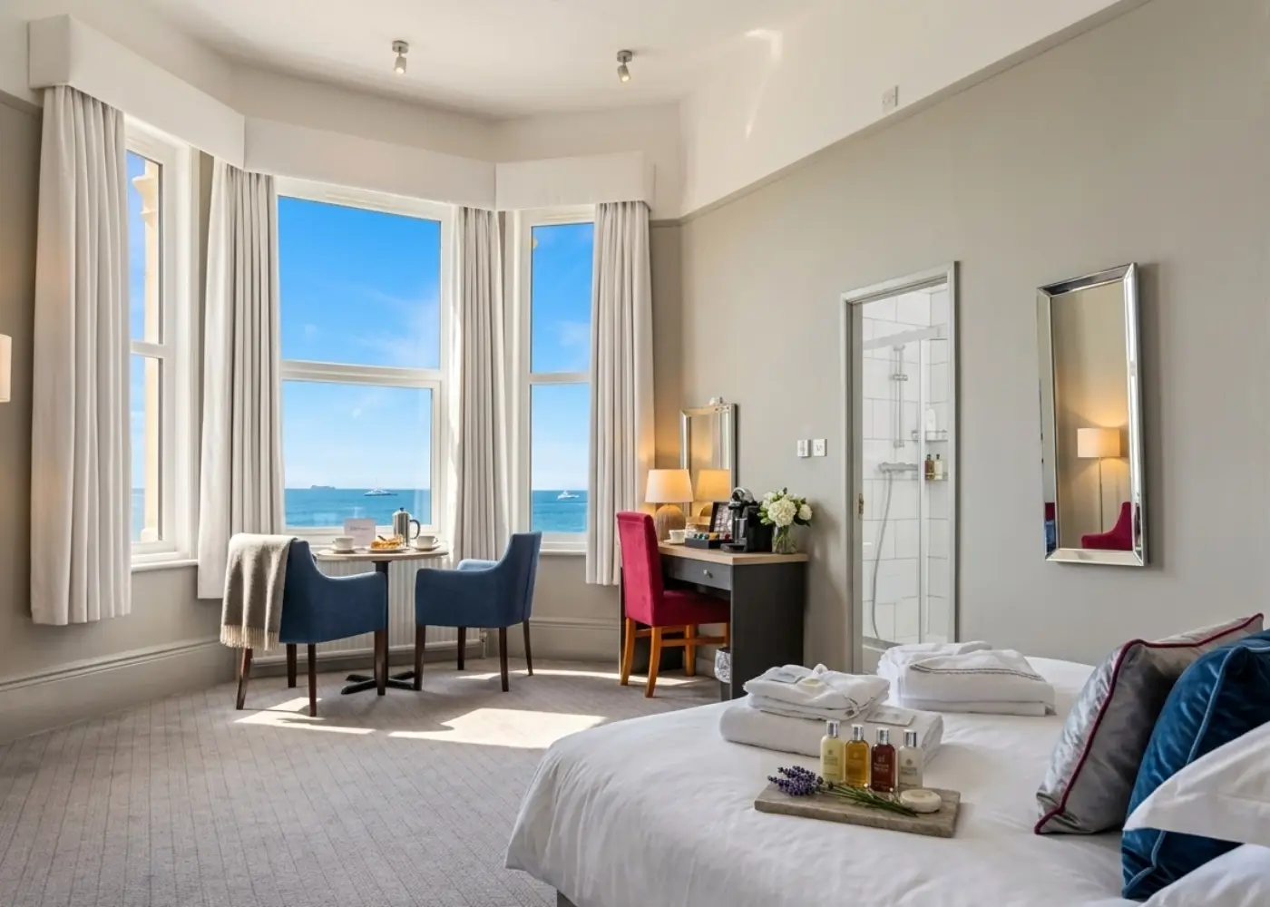 Sea-view bedroom at Exmouth Beach Hotel with bay window overlooking the beach